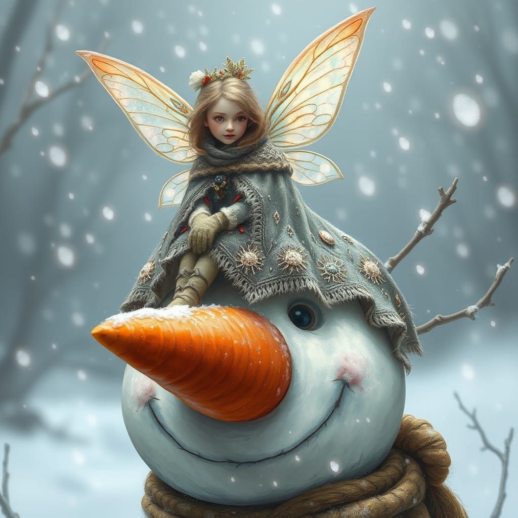 Winter Fairy on Snowman, Imaginative Realism