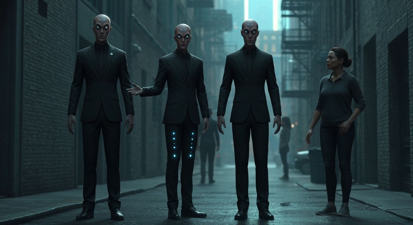 Subtly Alien Men in Black in Urban Alley