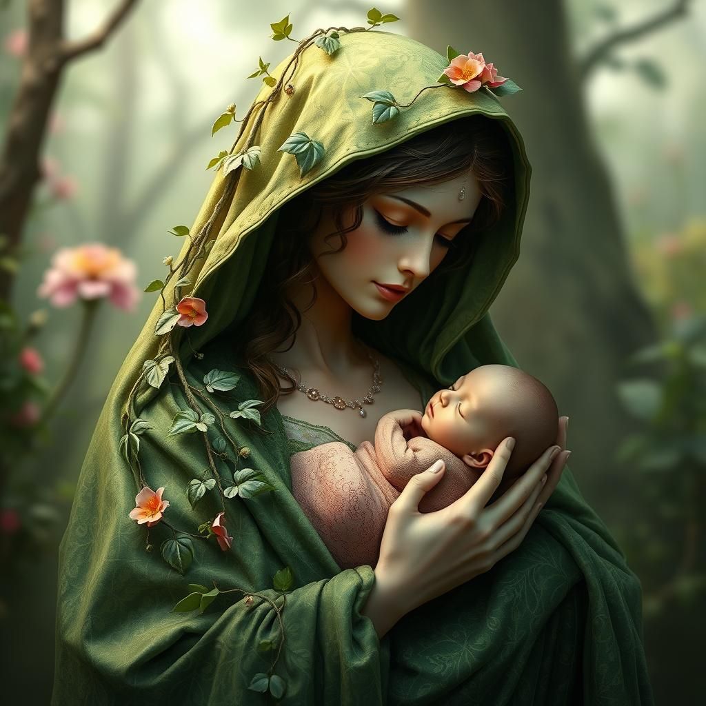 Mother Nature Cradling Newborn in Art Nouveau Style