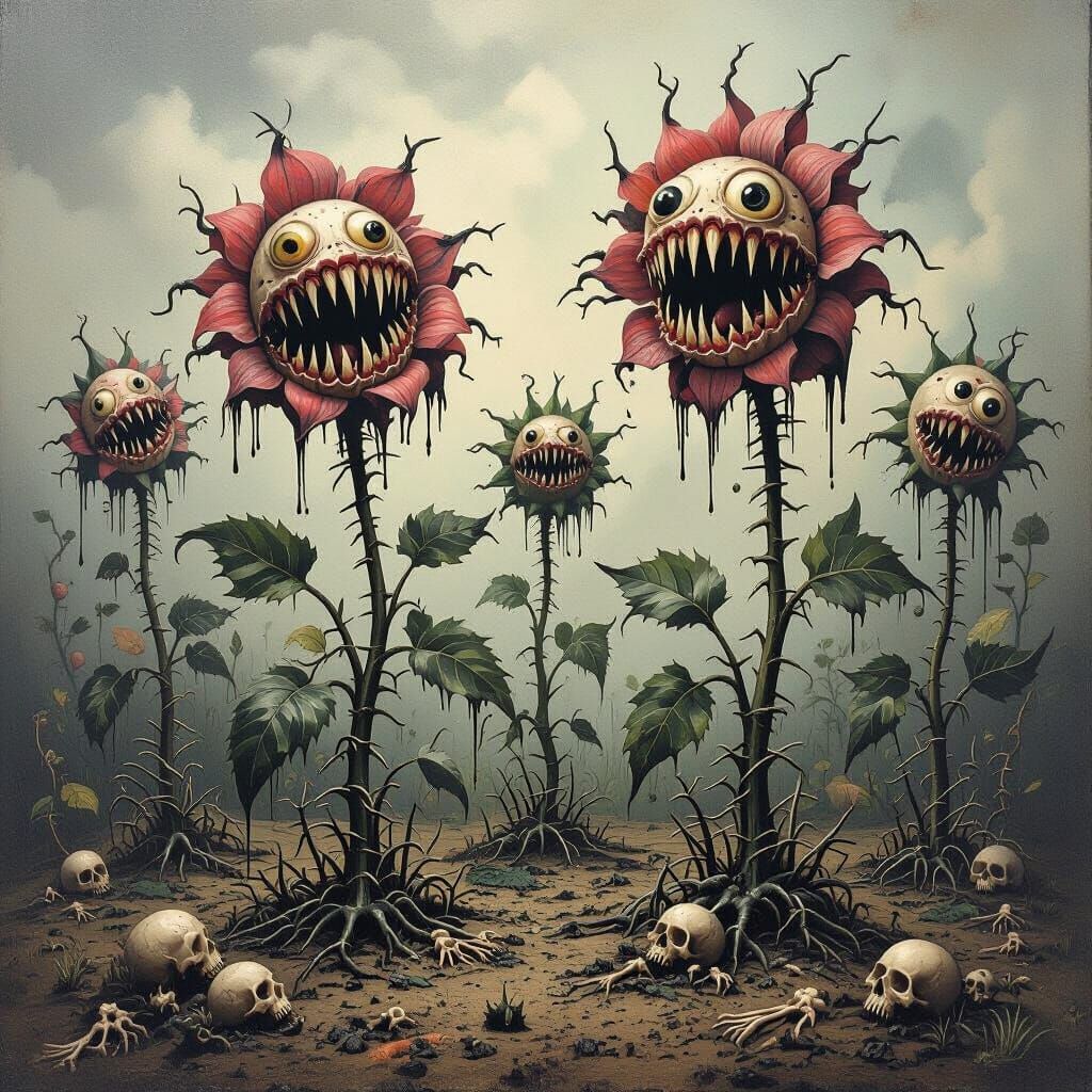 a garden where the flowers have teeth and eyes, their petals...