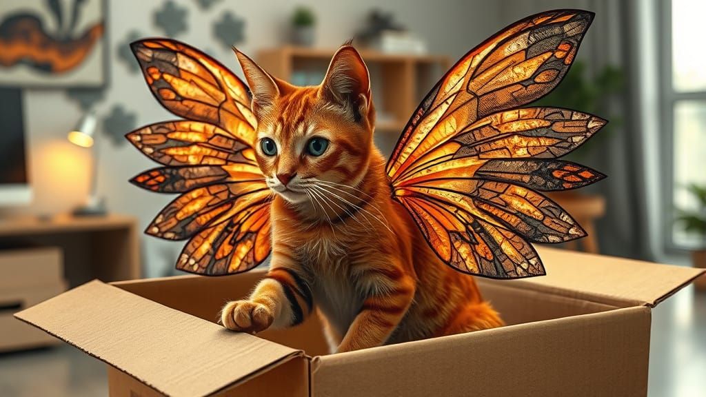 Mechanical Firefly Wings on Ginger Cat in Home Office
