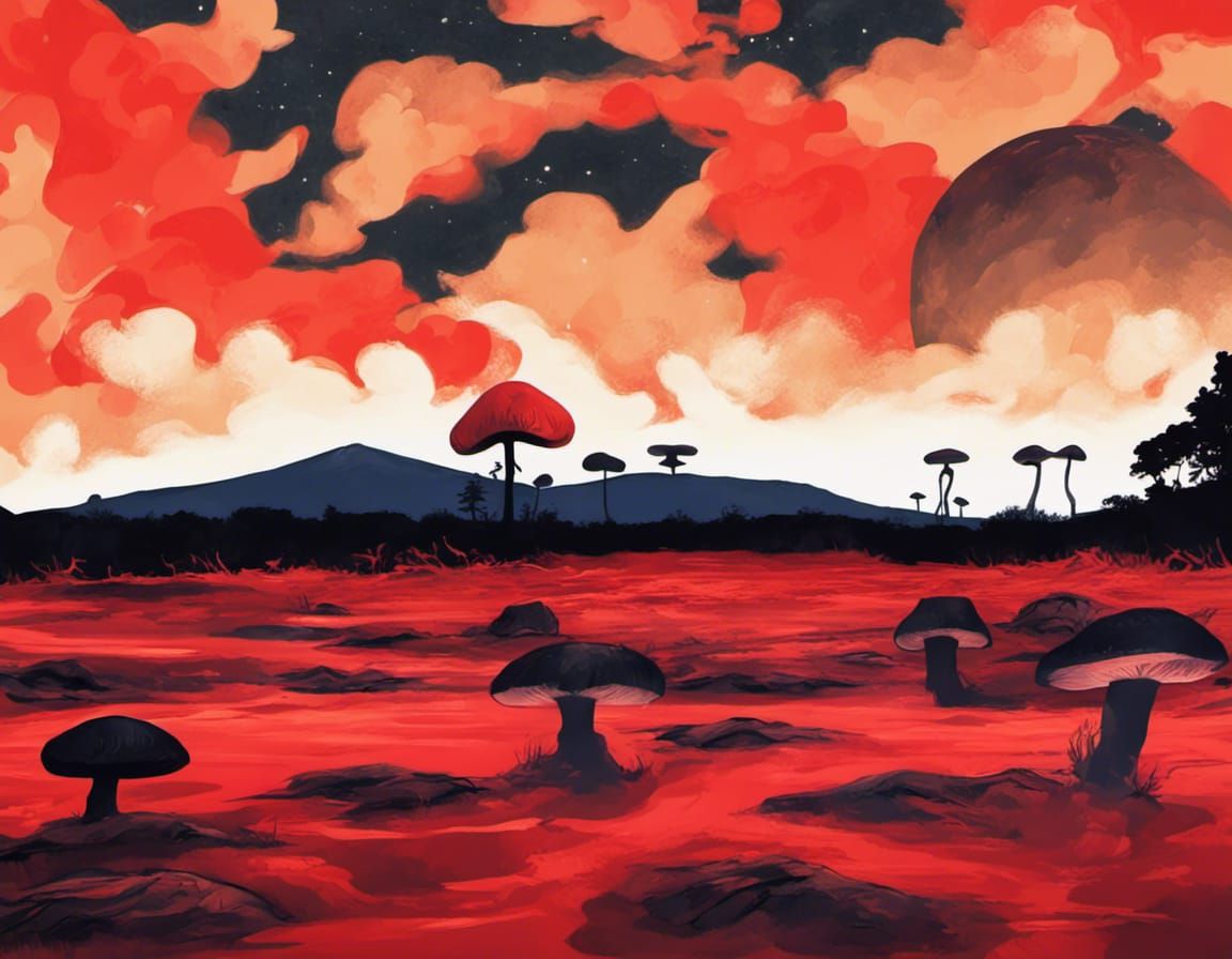 Apocalyptic Landscape with Giant Mushrooms and Red Sun