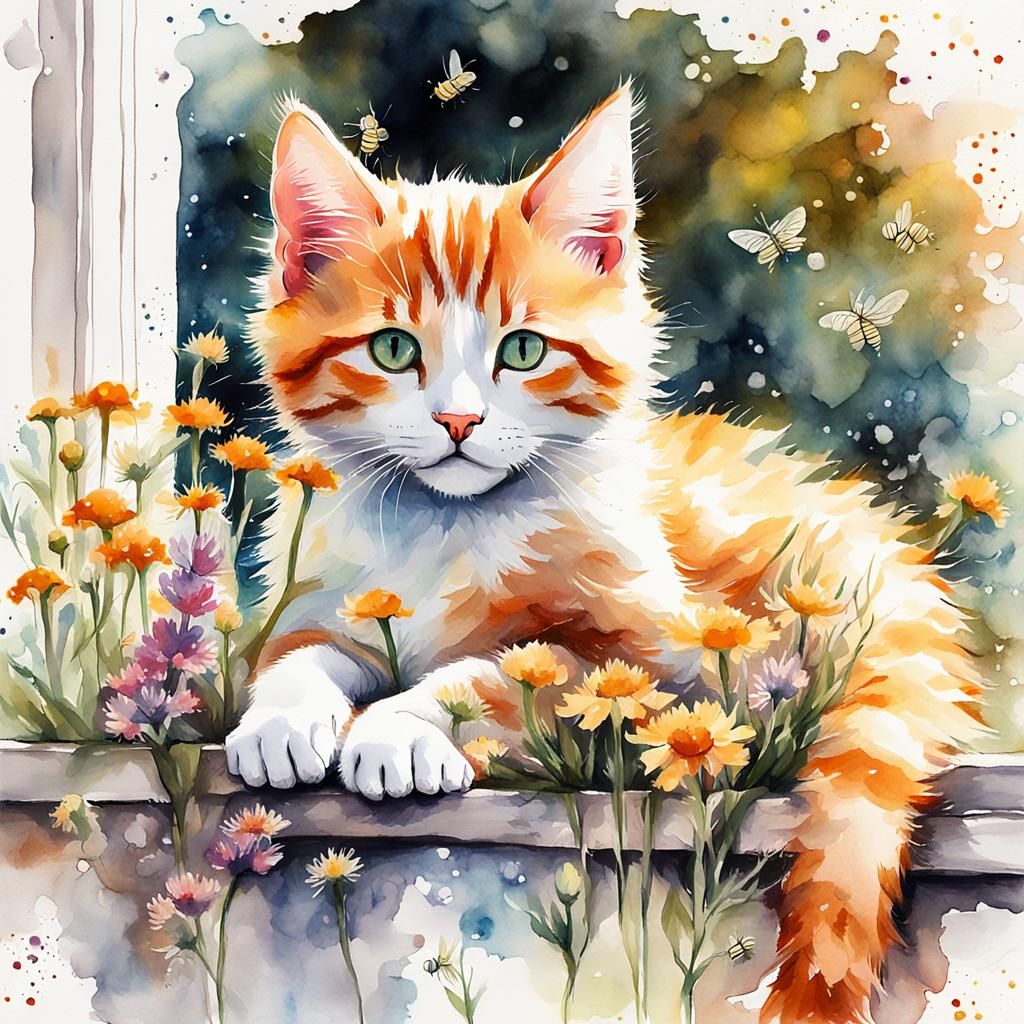 Ginger Kitten Sunning on Ledge, Watercolor and Ink