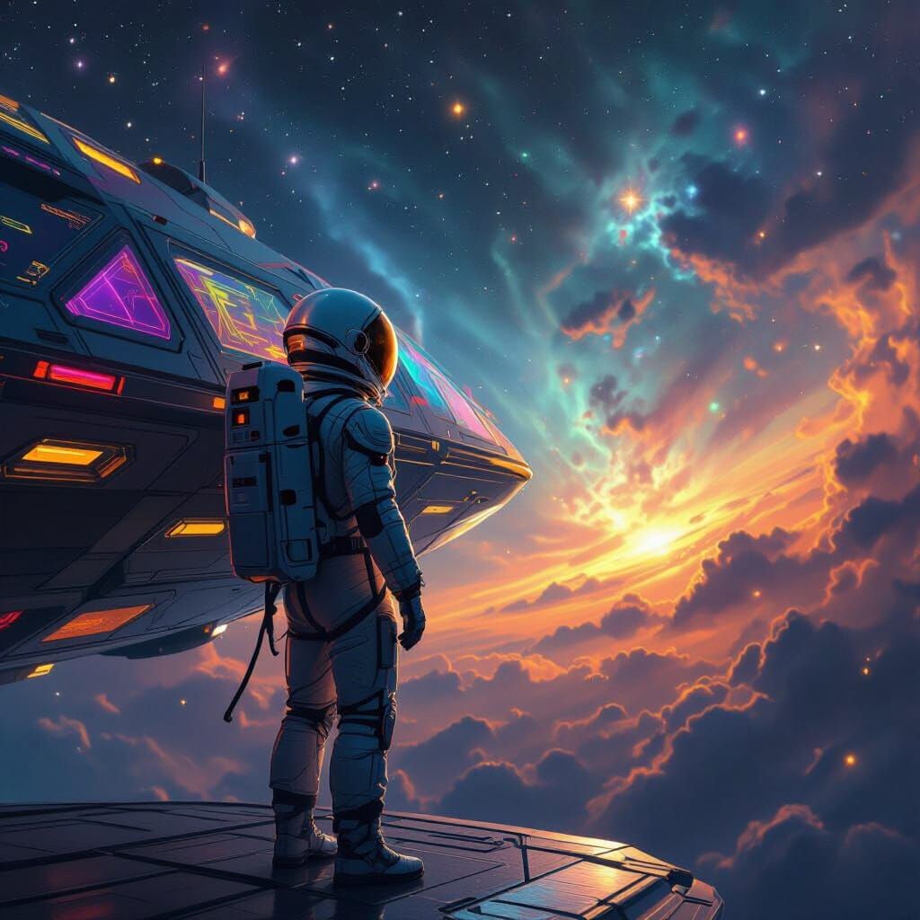 Astronaut Gazing at Nebula in Digital Art Style
