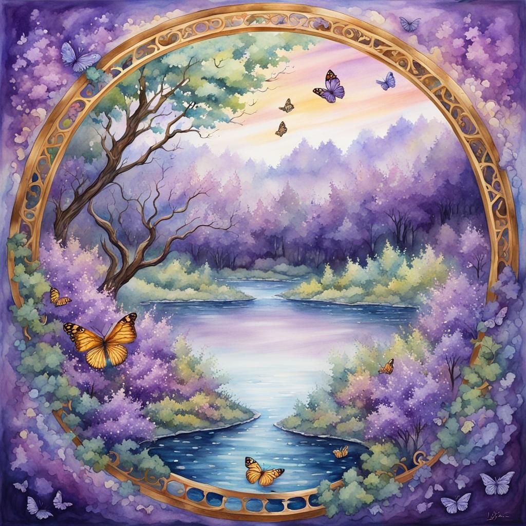 Yggdrasil Watercolor Painting with Lilac Bushes and Butterfl...