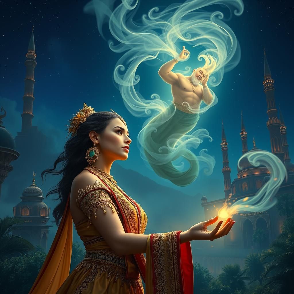 Woman Summons Genie in Arabian Nights Fantasy Art