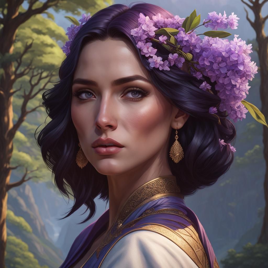 Mountain Portrait with Jacaranda Trees in Hyperdetailed Styl...