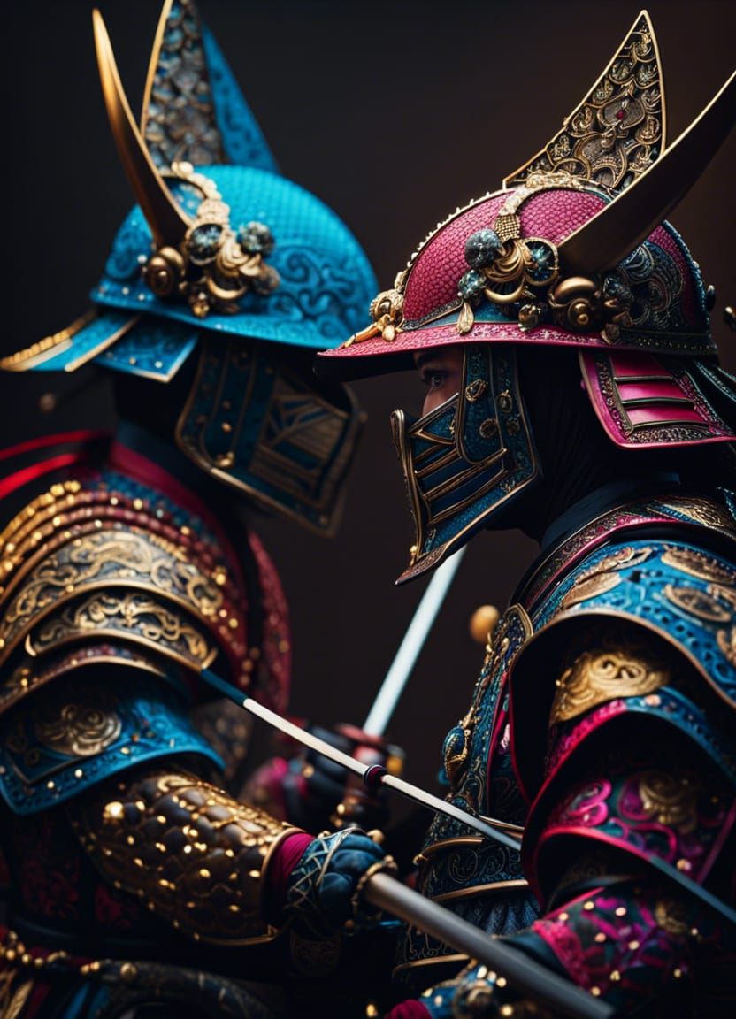Colorful Samurai Duel in Maximalist Style