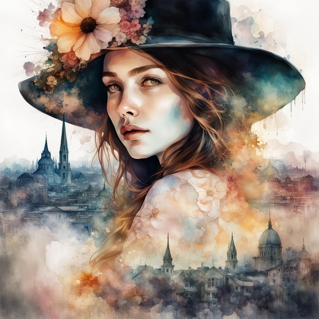 Watercolor Double Exposure of Woman in Gothic City