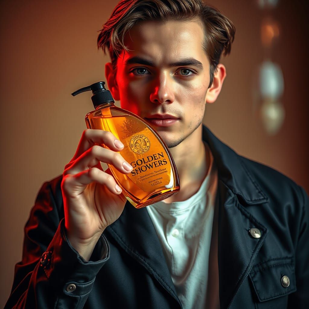Trendy Young Man Holds Vibrant Orange Shower Gel Bottle in H...