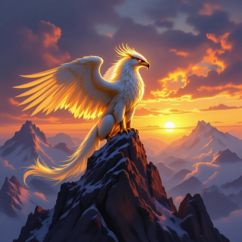 Majestic Griffin with Molten Gold Feathers on Mountain Peak