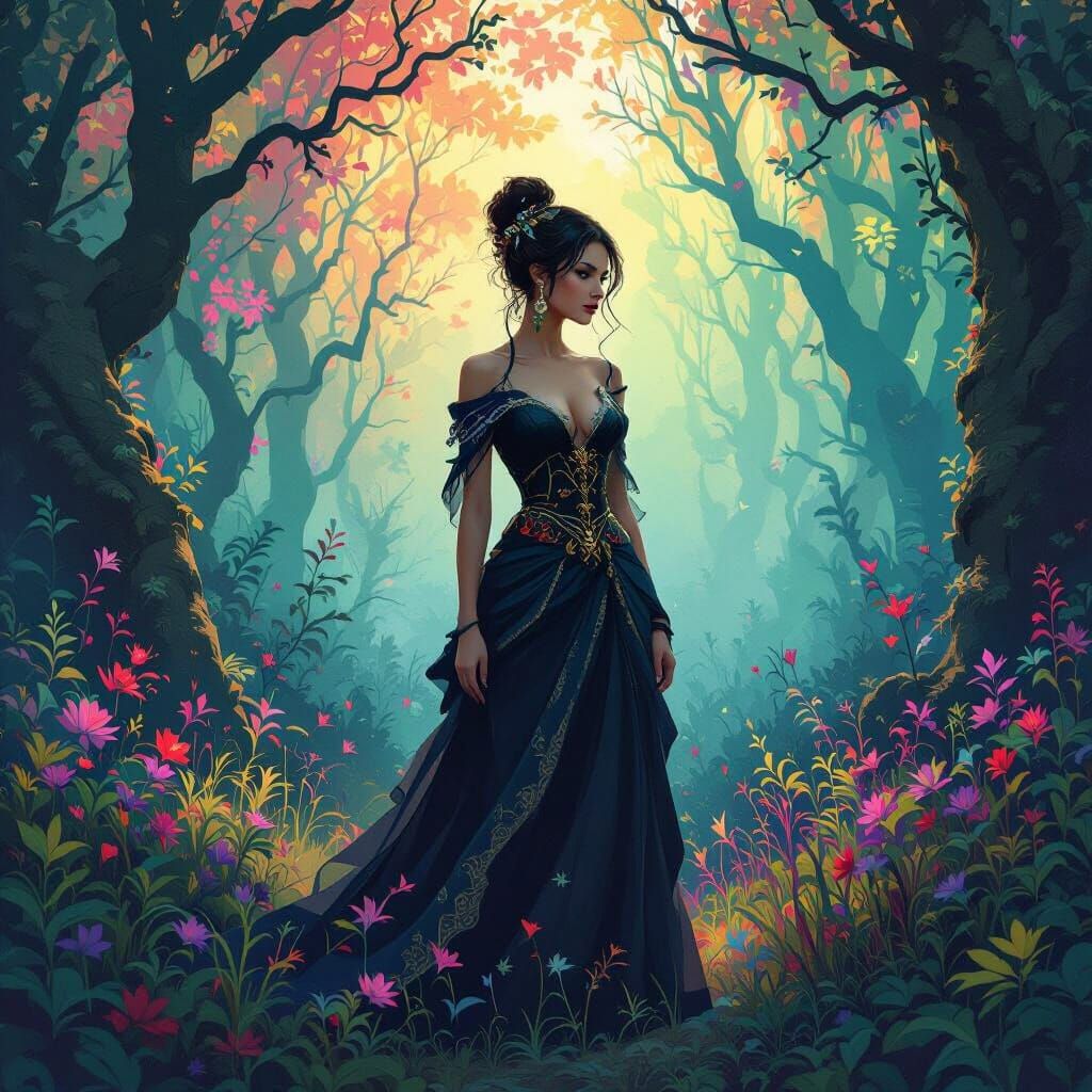 Elegant Woman in Mystical Forest Digital Painting