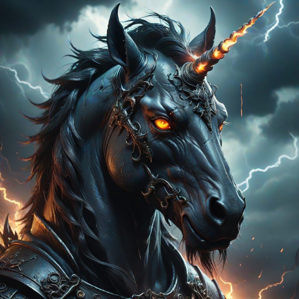 Dark Unicorn Surrounded by Spirits in Gothic Style