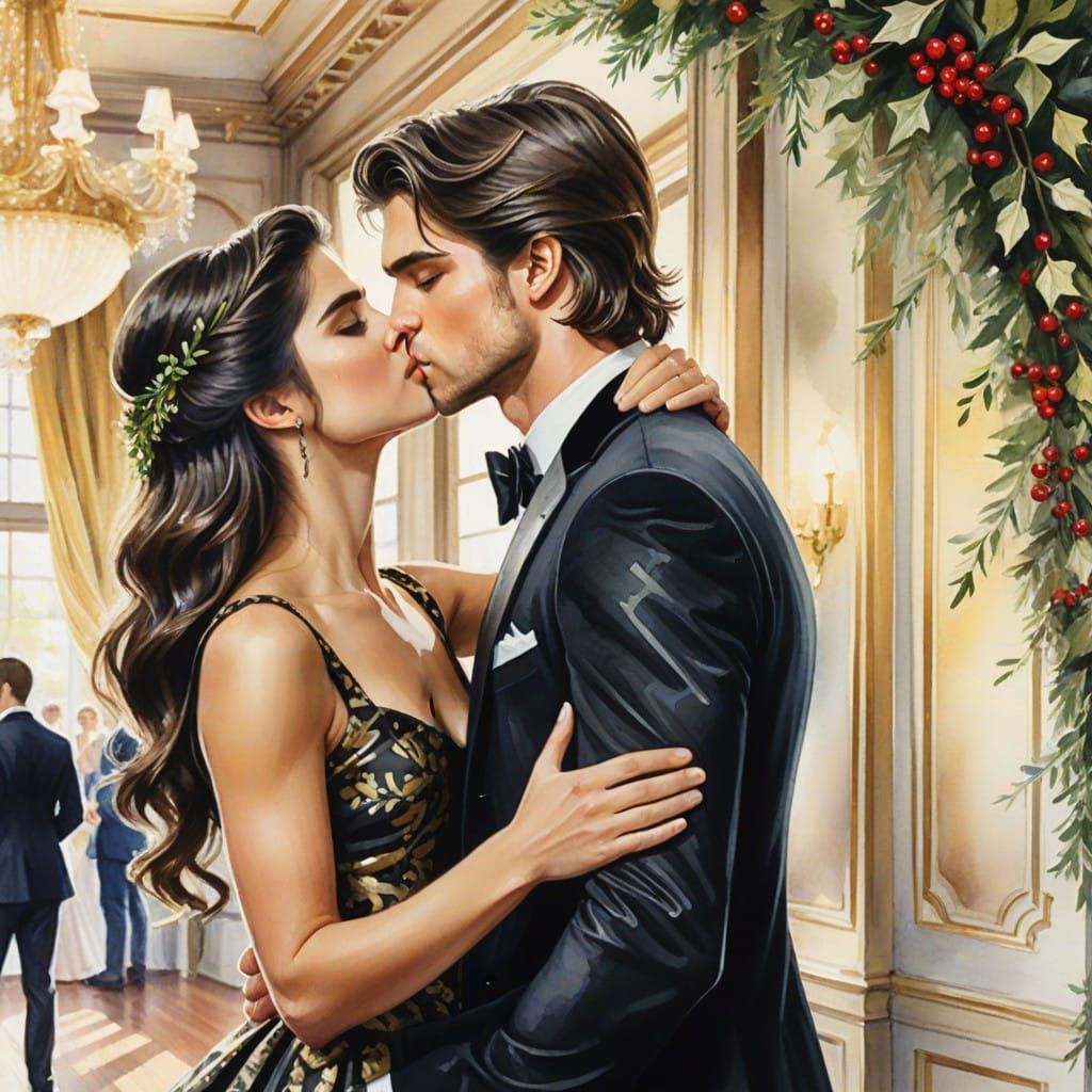 Glamorous Mistletoe Kiss in Impressionistic Style
