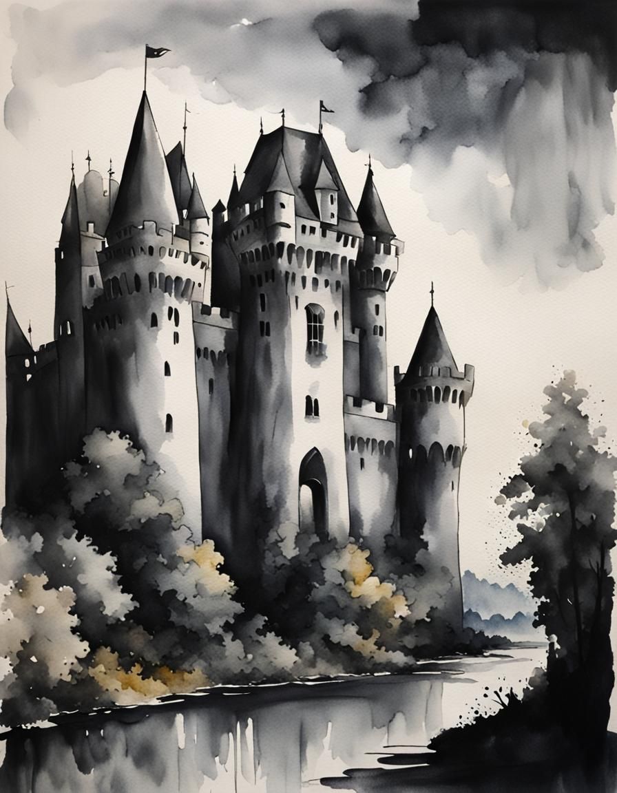 Monochrome Black Watercolor Castle on Paper