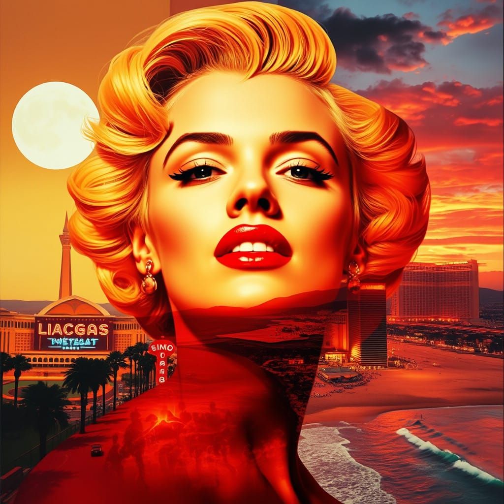 Marilyn Monroe-Inspired Woman in Dreamlike Collage of Sunris...