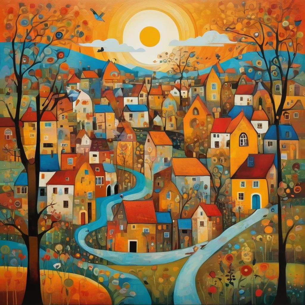 Whimsical Folk Art Village Scene with Abstract Touch