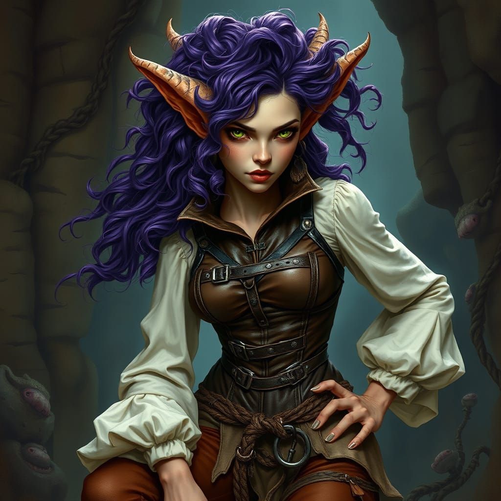 Sultry Goblin Priestess in Elegant Leather Corset