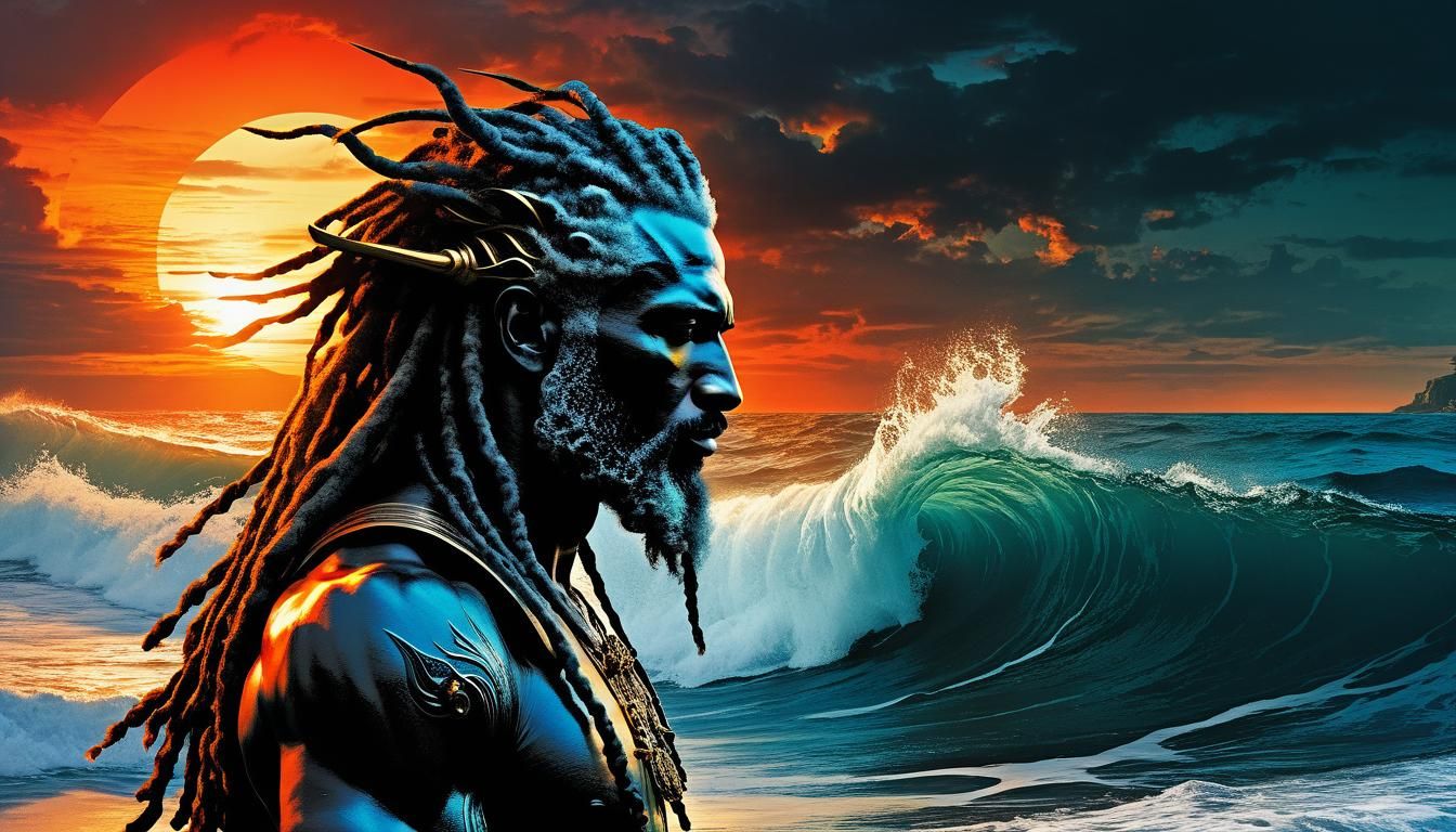 Neptune, God of Waves, on Sunset Beach in Doré Style