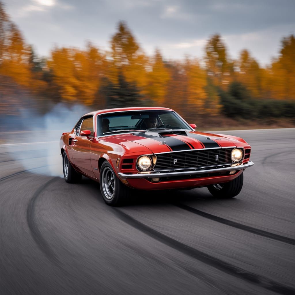 Red 1970 Ford Mustang Drifting on Autumn Road