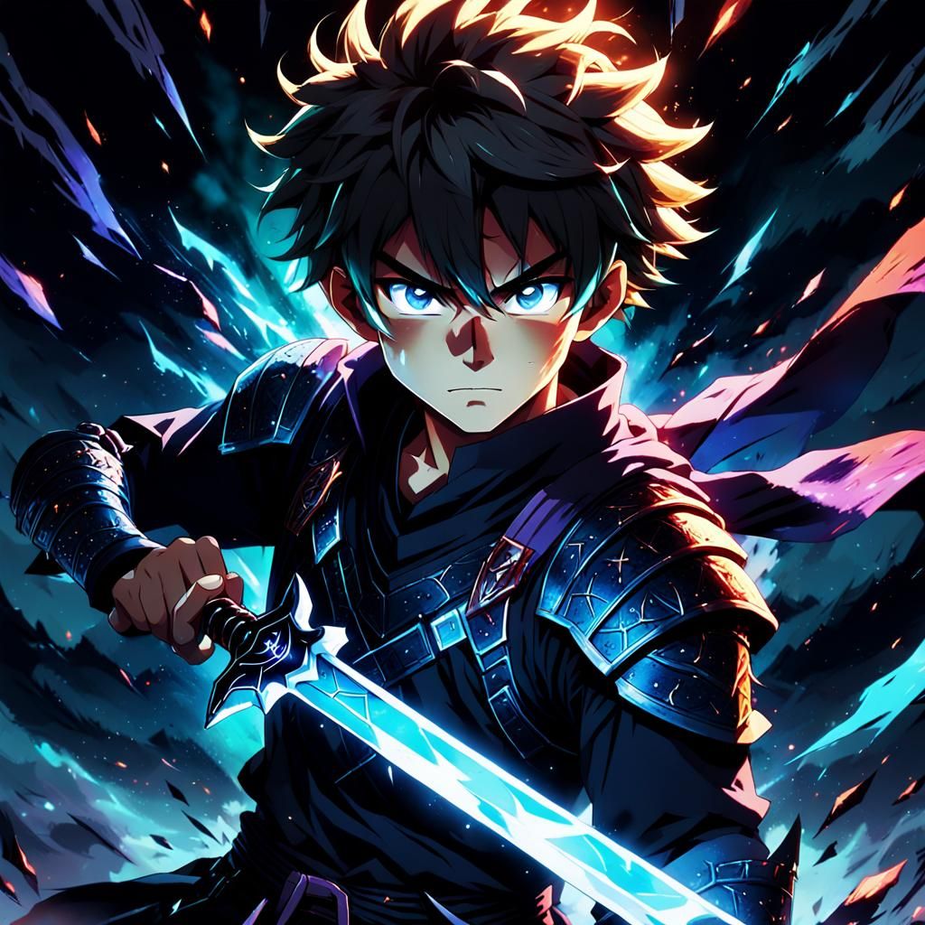 Anime Hero Battles Demons with Glowing Sword