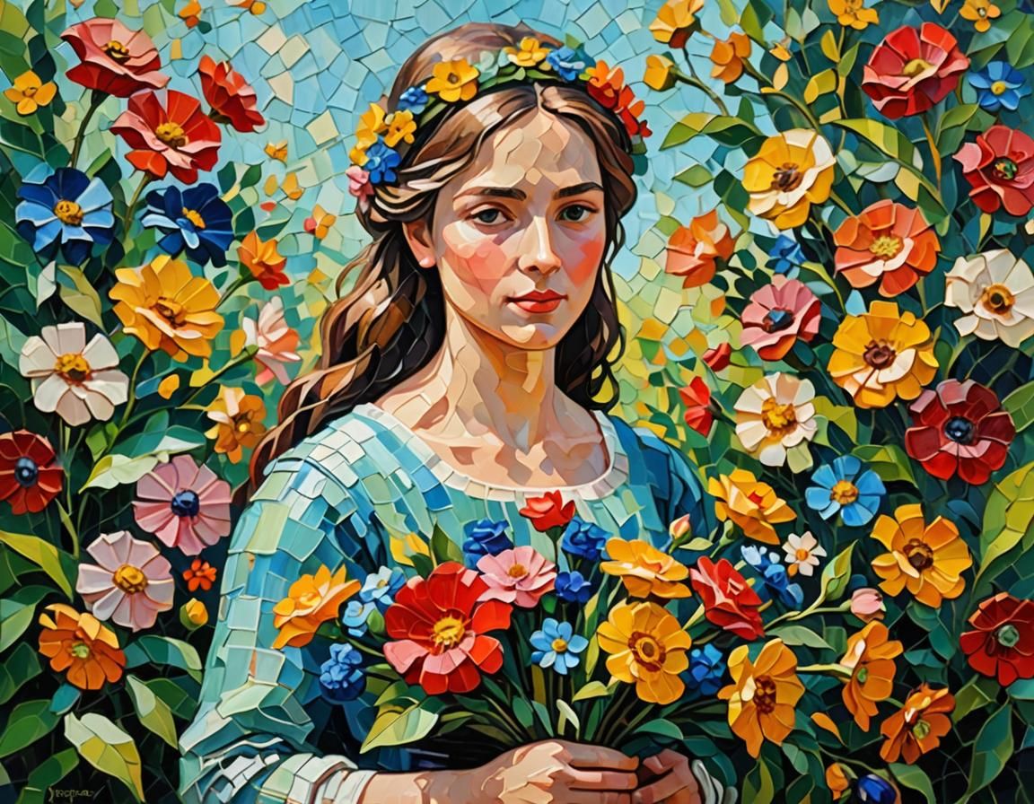 Juliet in Garden: Neo-Impressionist Oil Painting