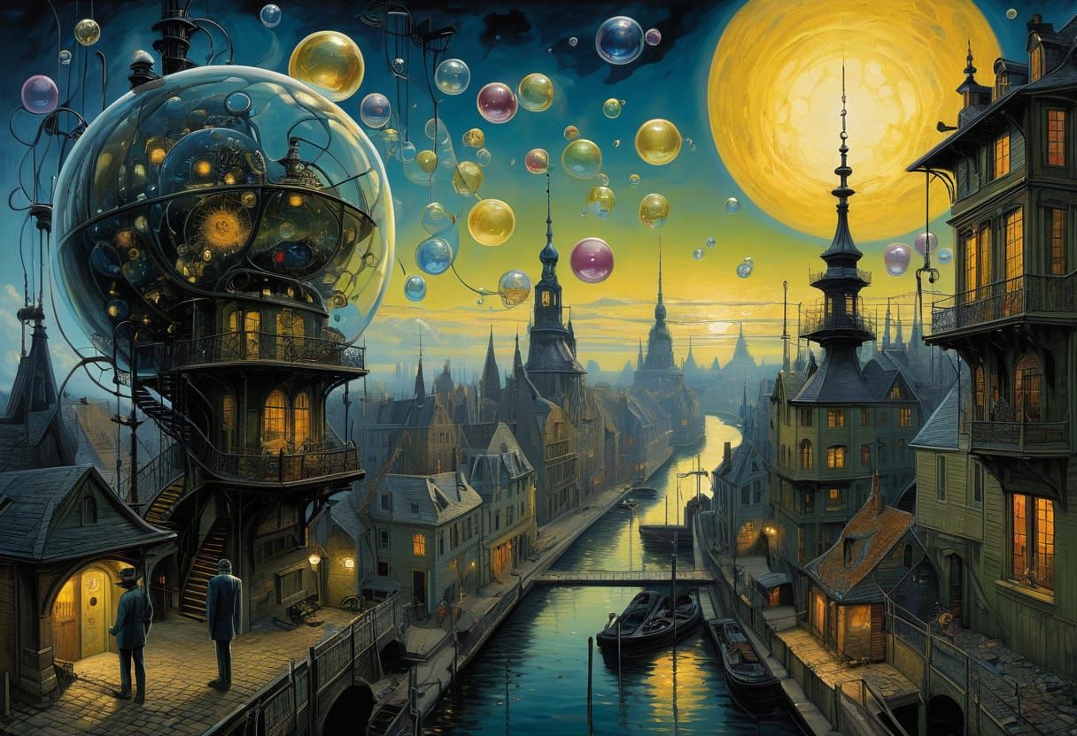 Vibrant Surrealist Dreamscape with Bubbles