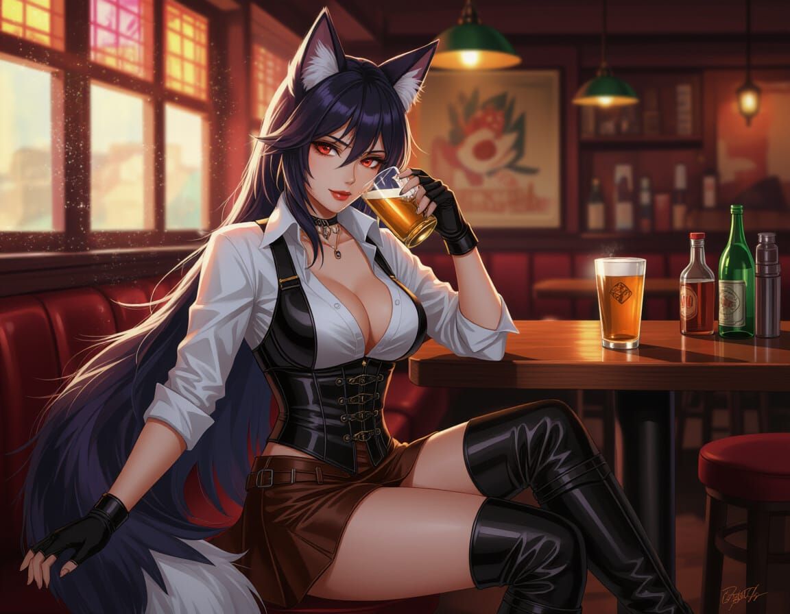 Kitsune Woman in Leather Tavern Scene Hyperrealistic Art