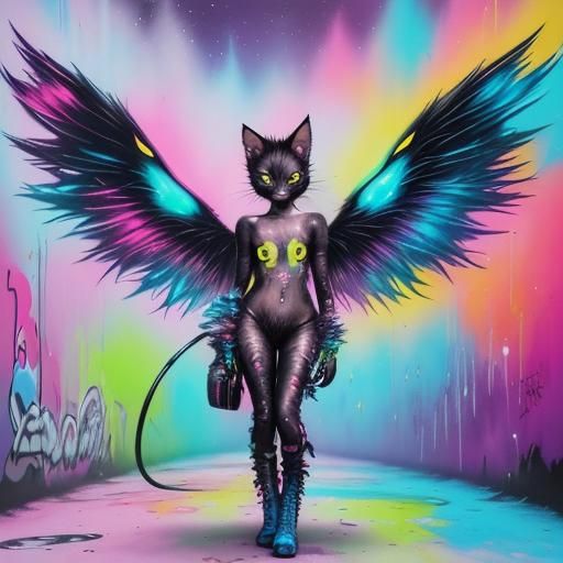 Winged Kitten Graffiti Art on Exotic Planet
