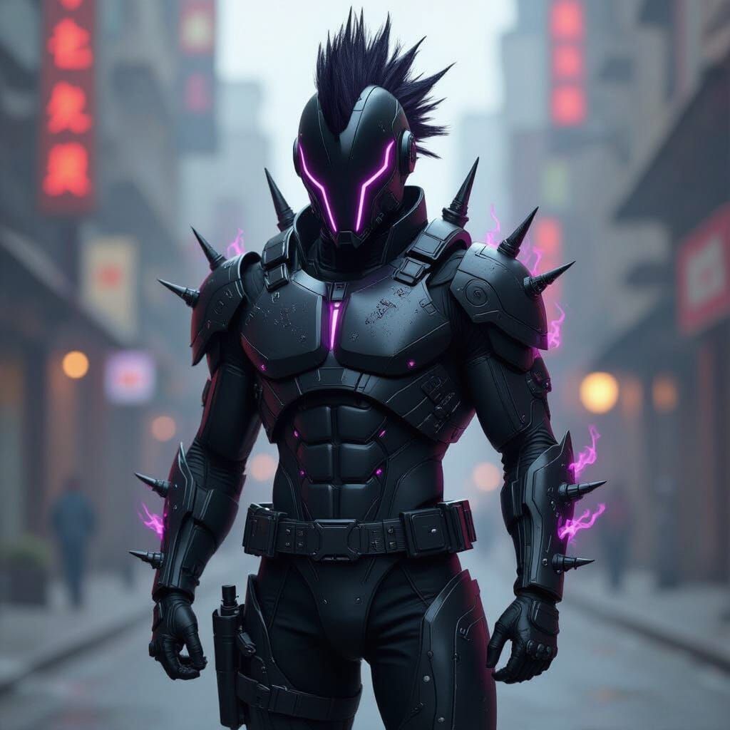 Futuristic Space Warrior with Purple Flame Mohawk
