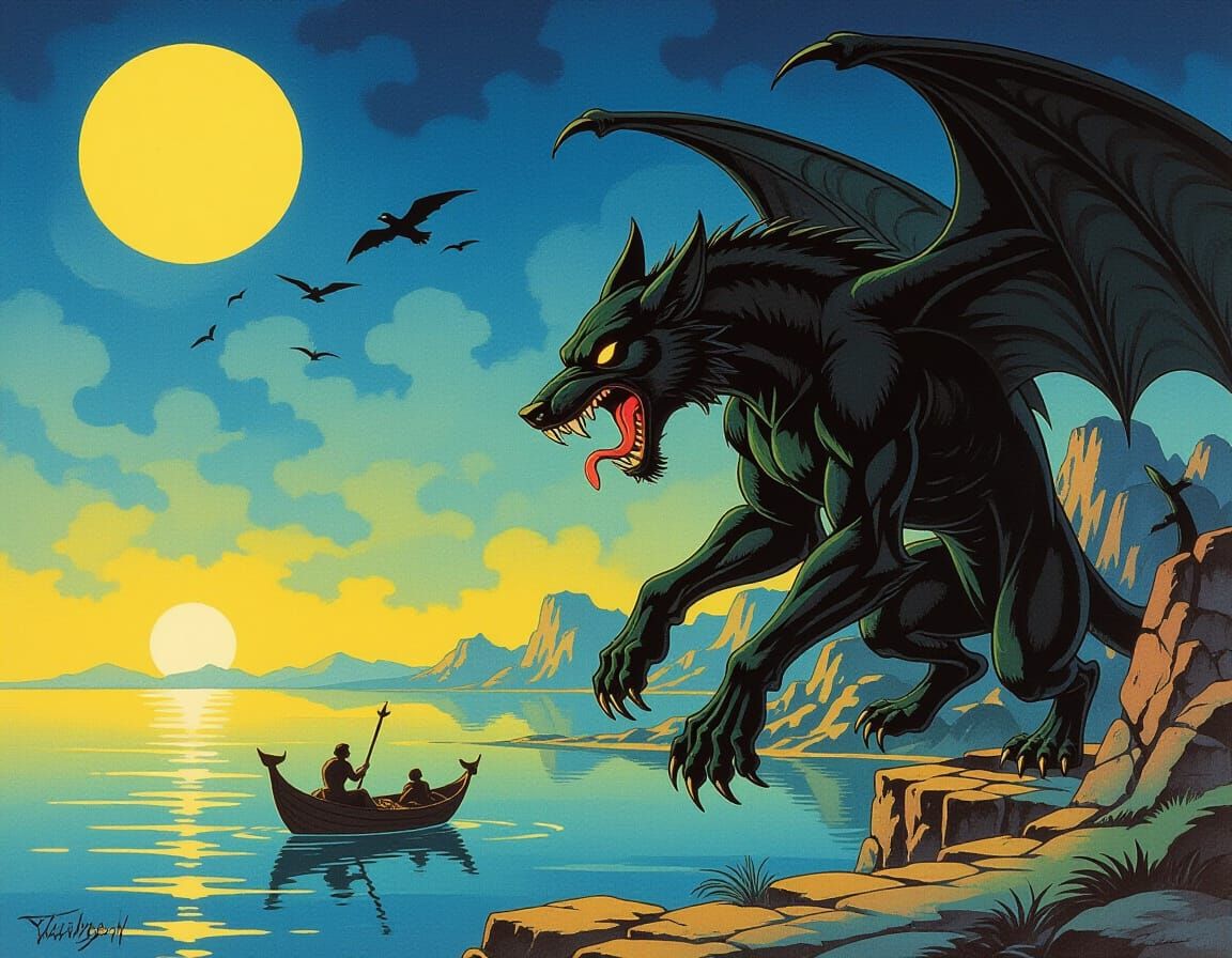 Mythic Cerberus Guards Elysian Harbor in Dark Fantasy Style