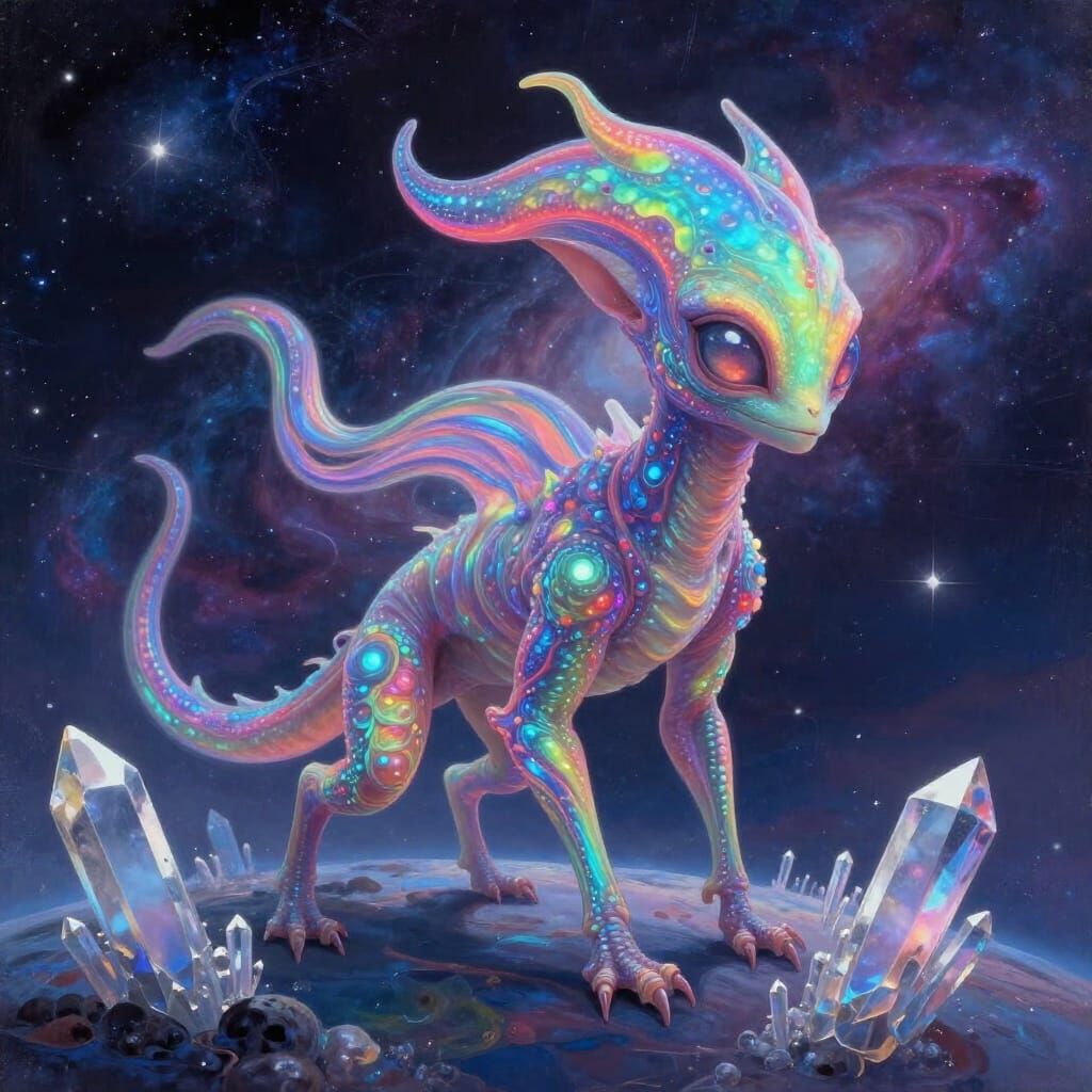 Bioluminescent Rainbow Alien on Crystalline Planet