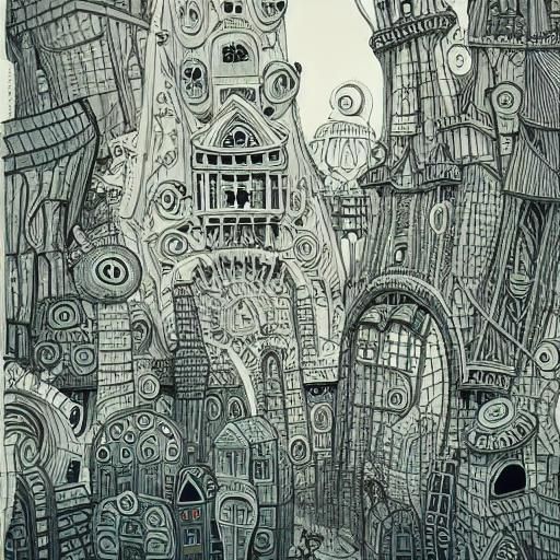 Whimsical Metropolis Concept Art in Black and White