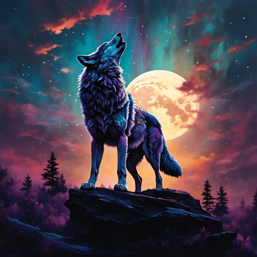Surreal Lunar Landscape: Wolf Under Moonlight