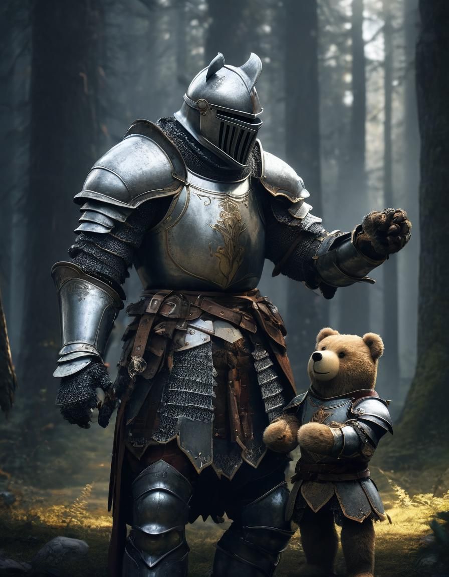 Knight Receives Toy Bear: Detailed Fantasy Illustration