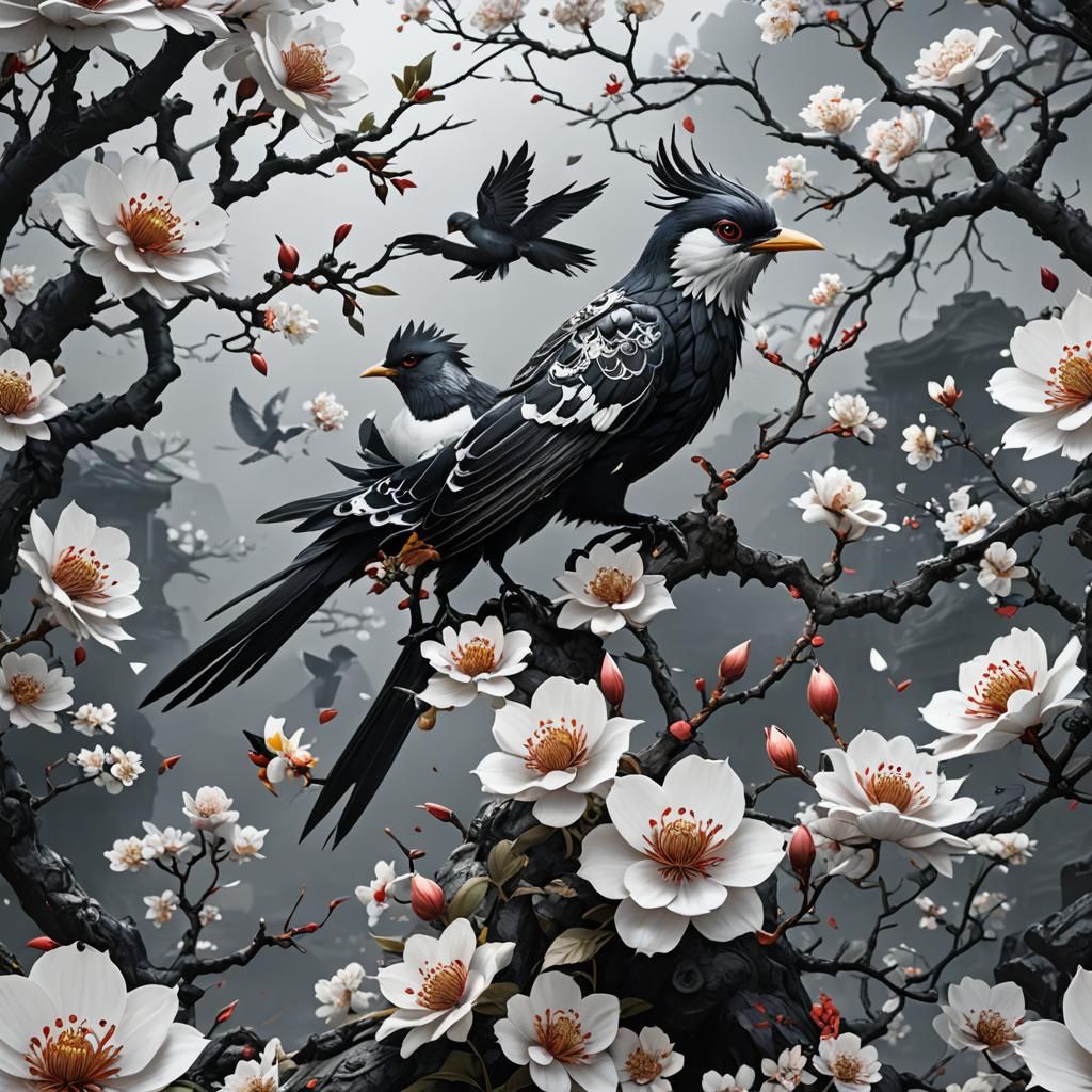 Oni Mask with Birds and Flowers: Fantasy Concept Art