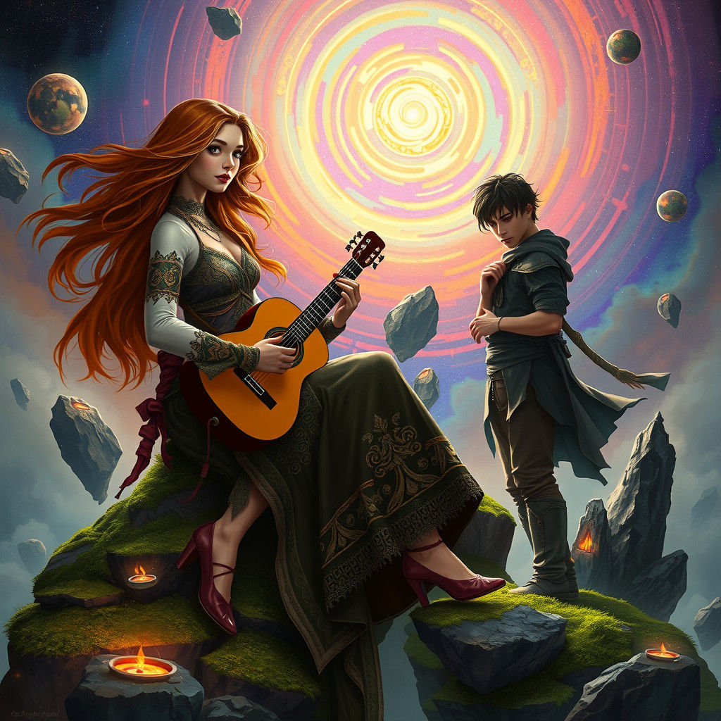 Dreamlike Guitar Serenade in Ornate Splash Art Style