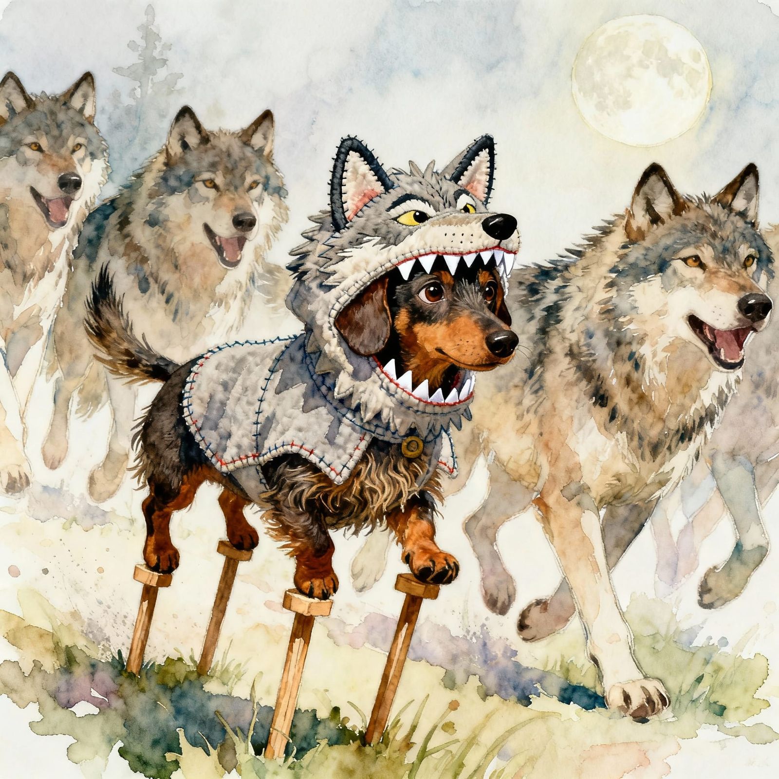 Dachshund in Wolf Costume Ready to Run with Wolves