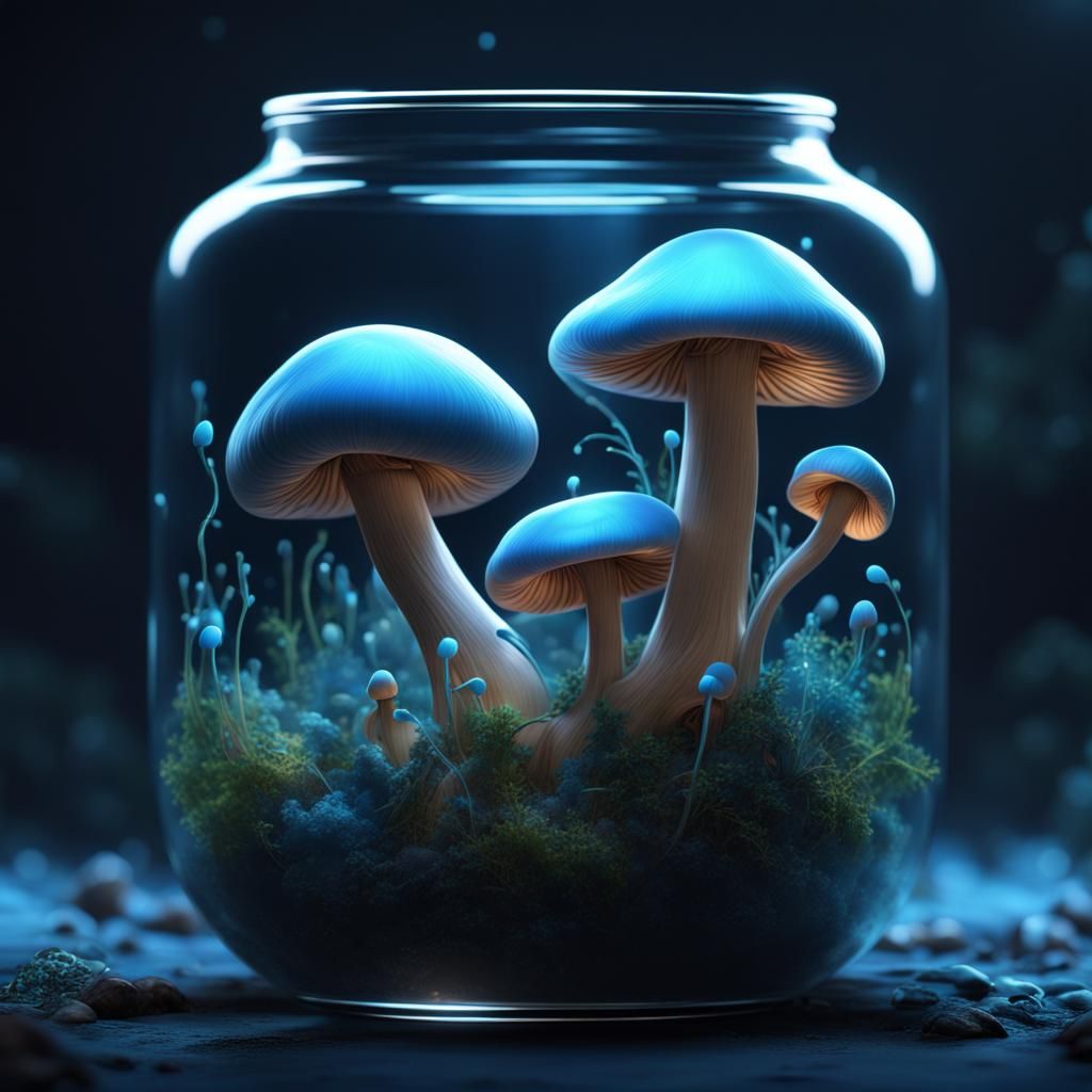 Bioluminescent Blue Mushrooms in Jar: Detailed Matte Paintin...