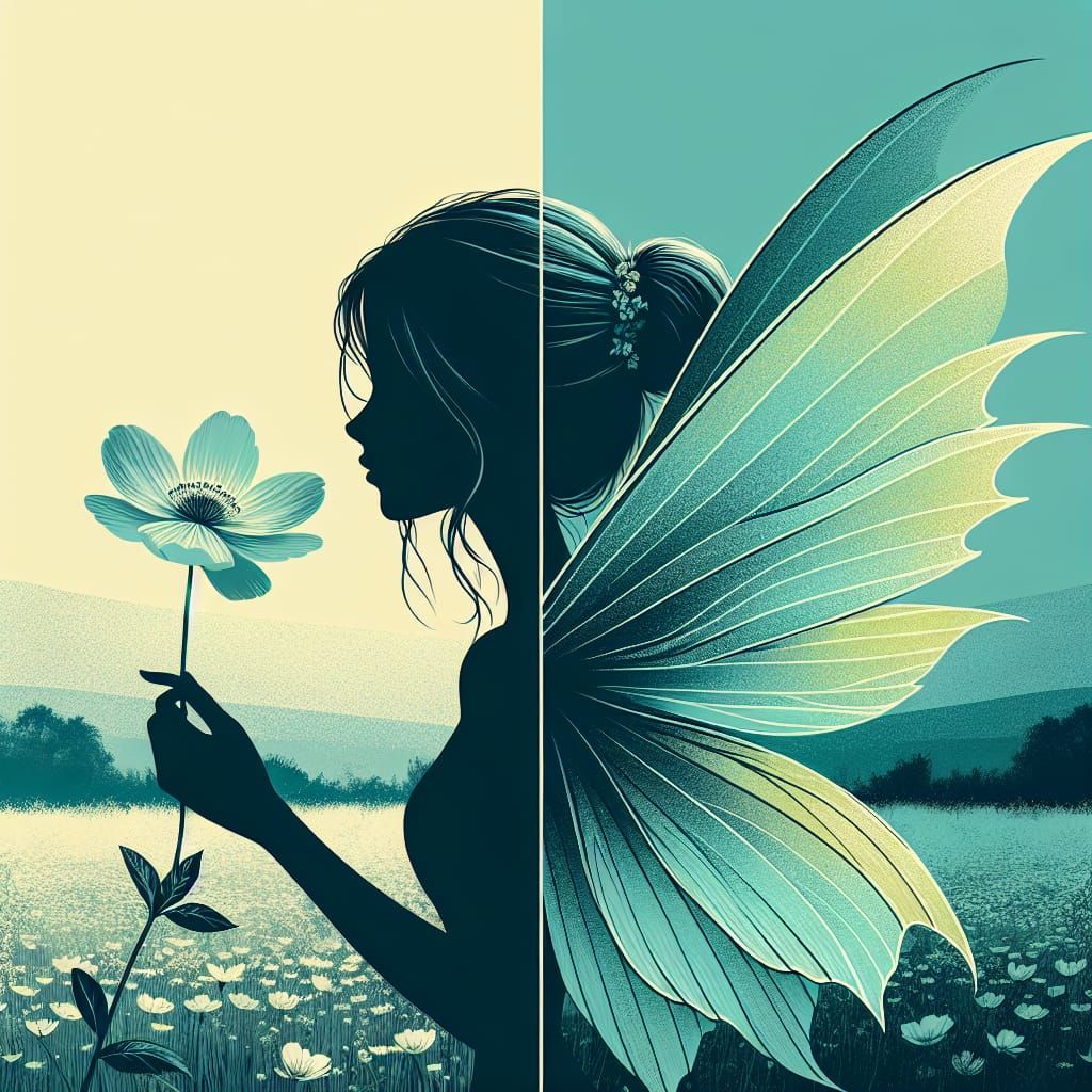 Duotone Fairy Silhouette Over Blooming Flower in Field