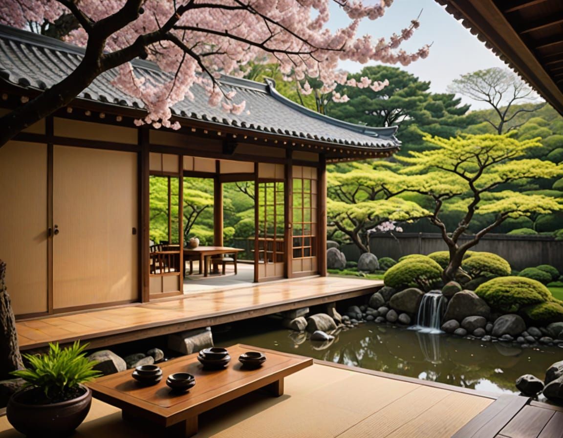 Traditional Japanese House in Cherry Blossom Bloom
