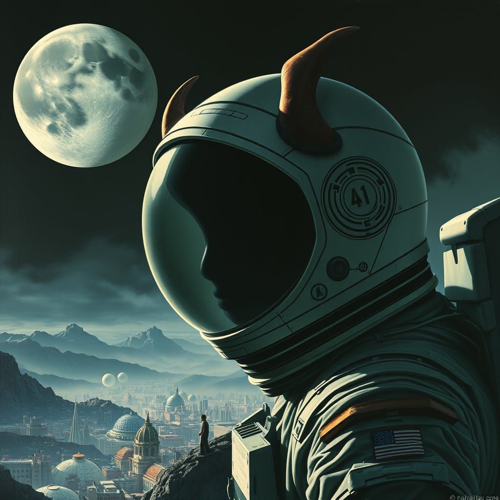 Retrofuturistic Space Explorer in Cyberpunk Cityscape