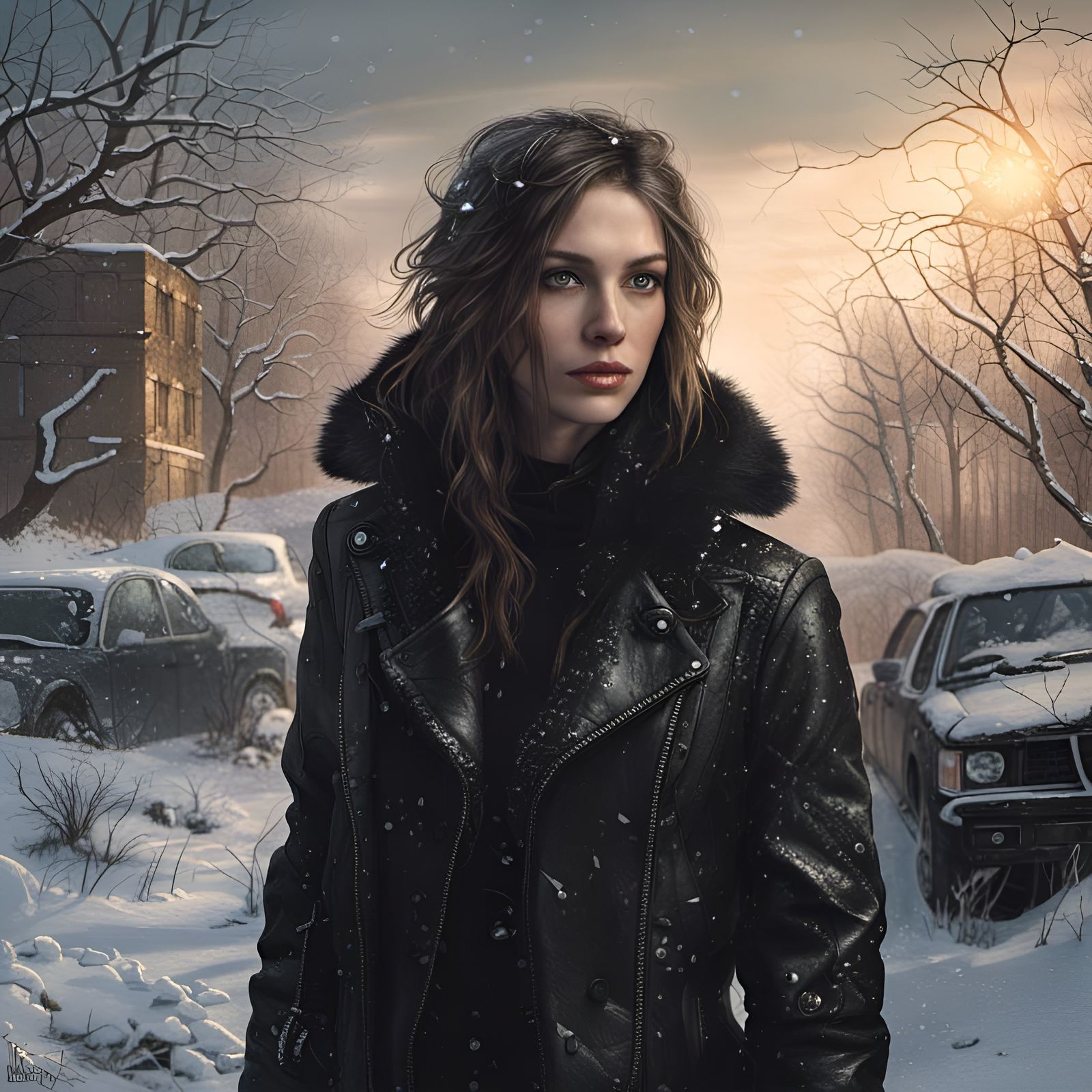 Young Woman in Desolate Winter City, Hyperdetailed Art