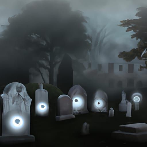 Dark ghostly form, cemetery,  fog, light orbs, spooky,  demonic spirits, Halloween,  oil painting,  digital art,  hyperd...