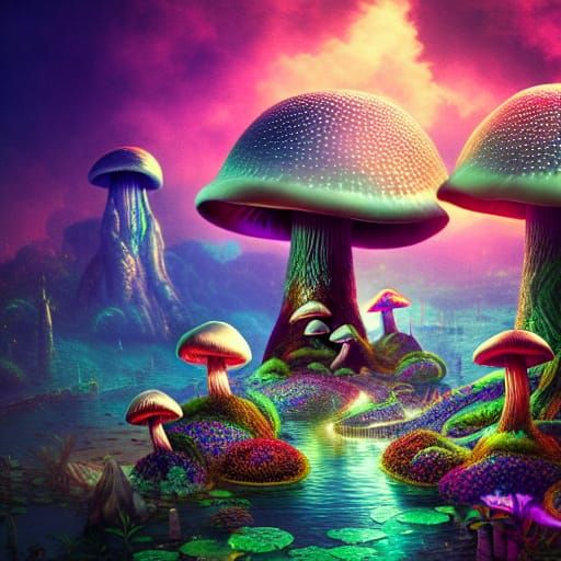 Mystic Mushroom Paradise in Digital Painting Style