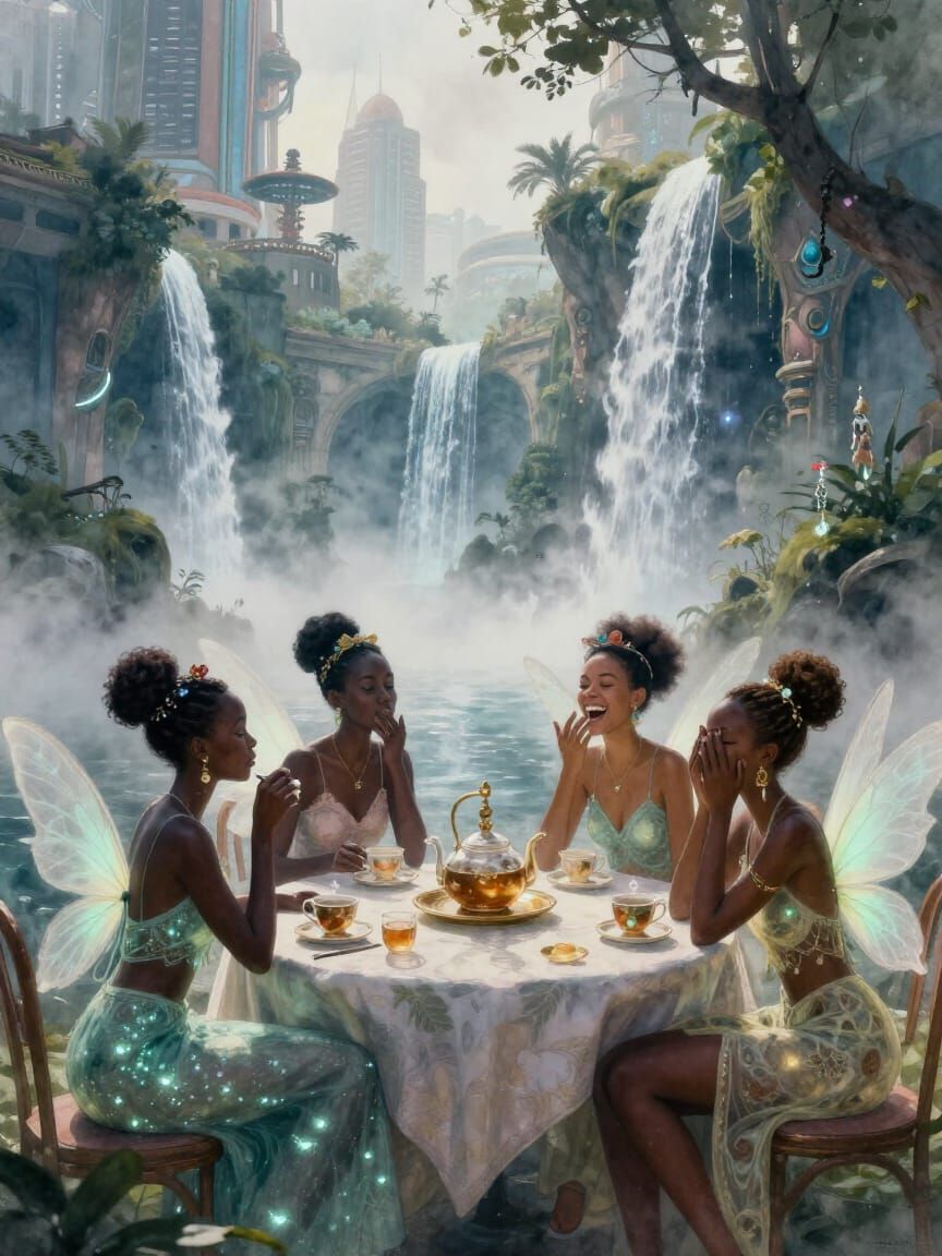 Bioluminescent Fairies Gossiping in Futuristic African City