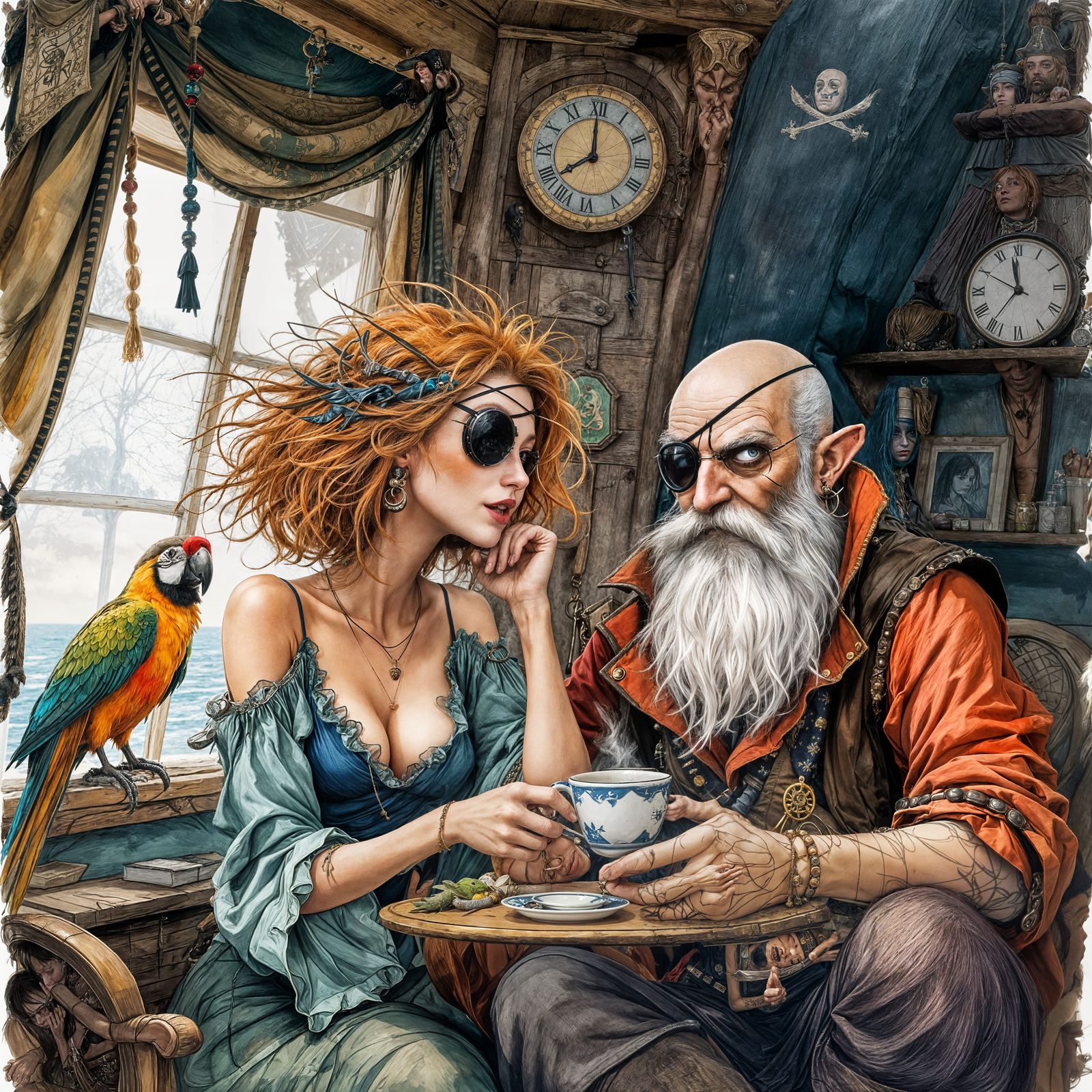 Pirates Enjoying Tea Time: A Surreal Cartoon