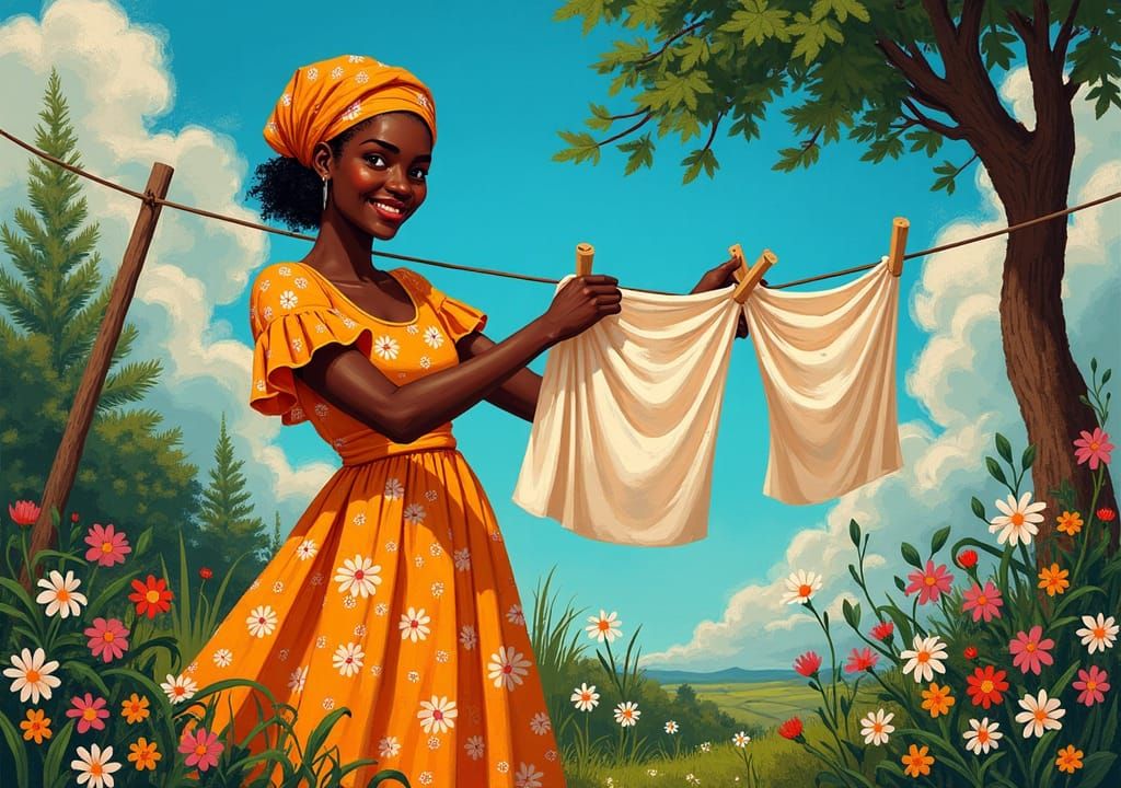 Sunny Laundry Day in Folk Art Style