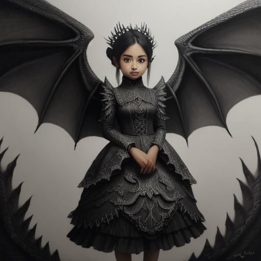 Mexican Girl in Dragon Dress: Charcoal Drawing