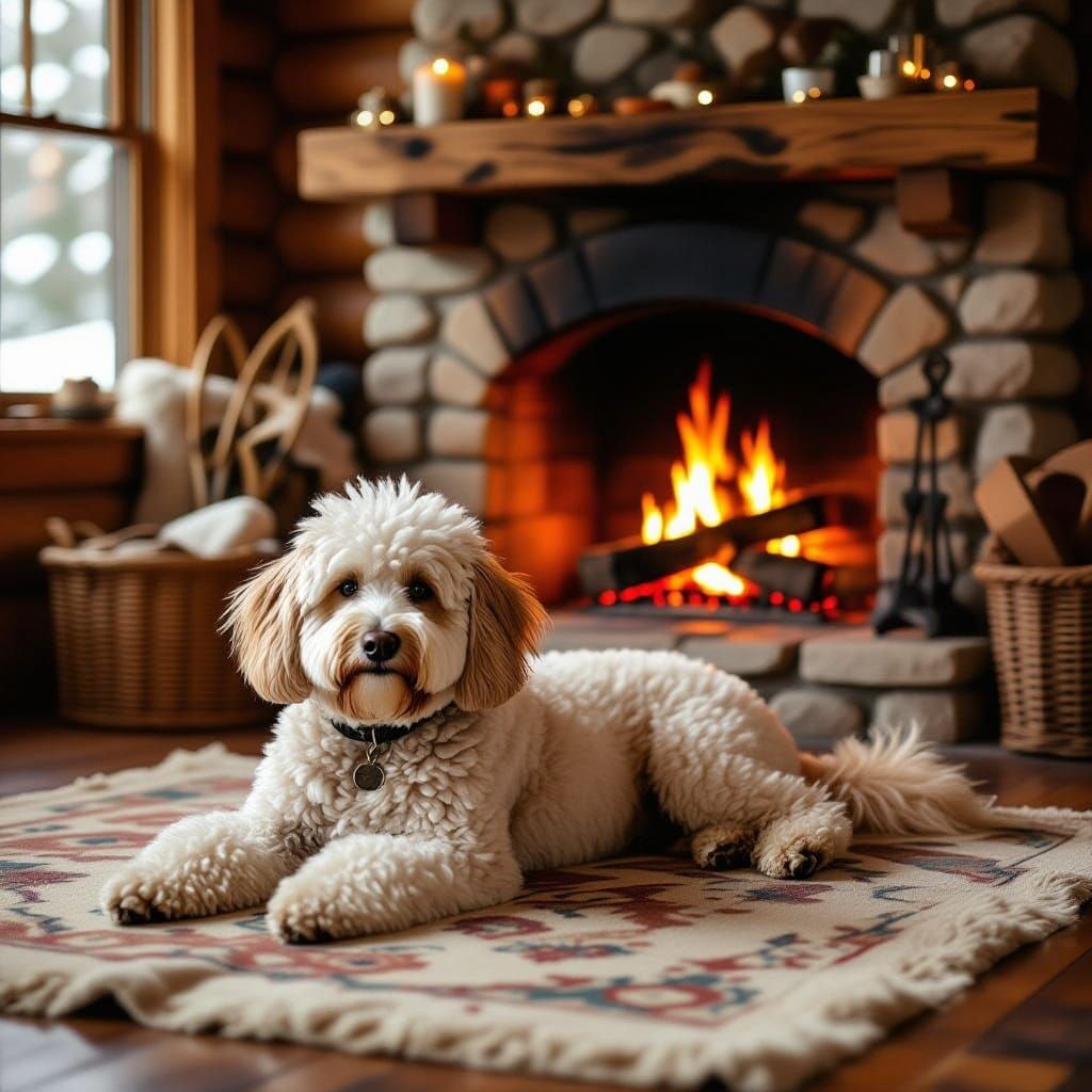 Serene French Water Dog in Cozy Winter Cabin